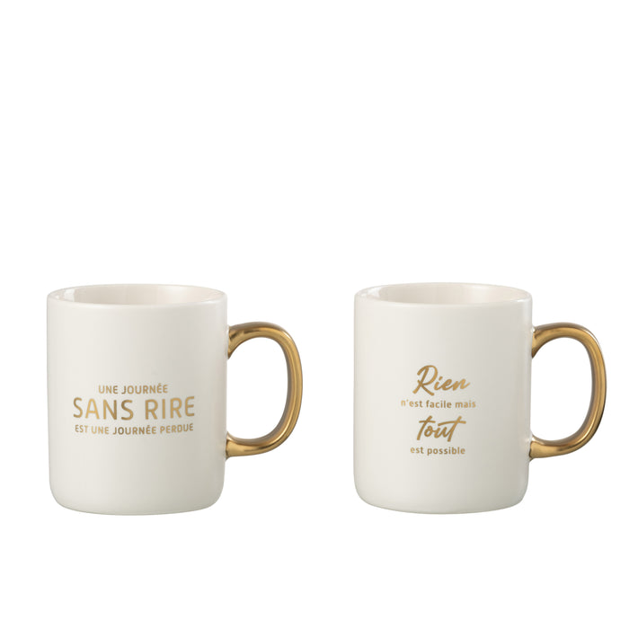 J-Line mok Bericht Positif - porselein - wit|goud - 2 stuks