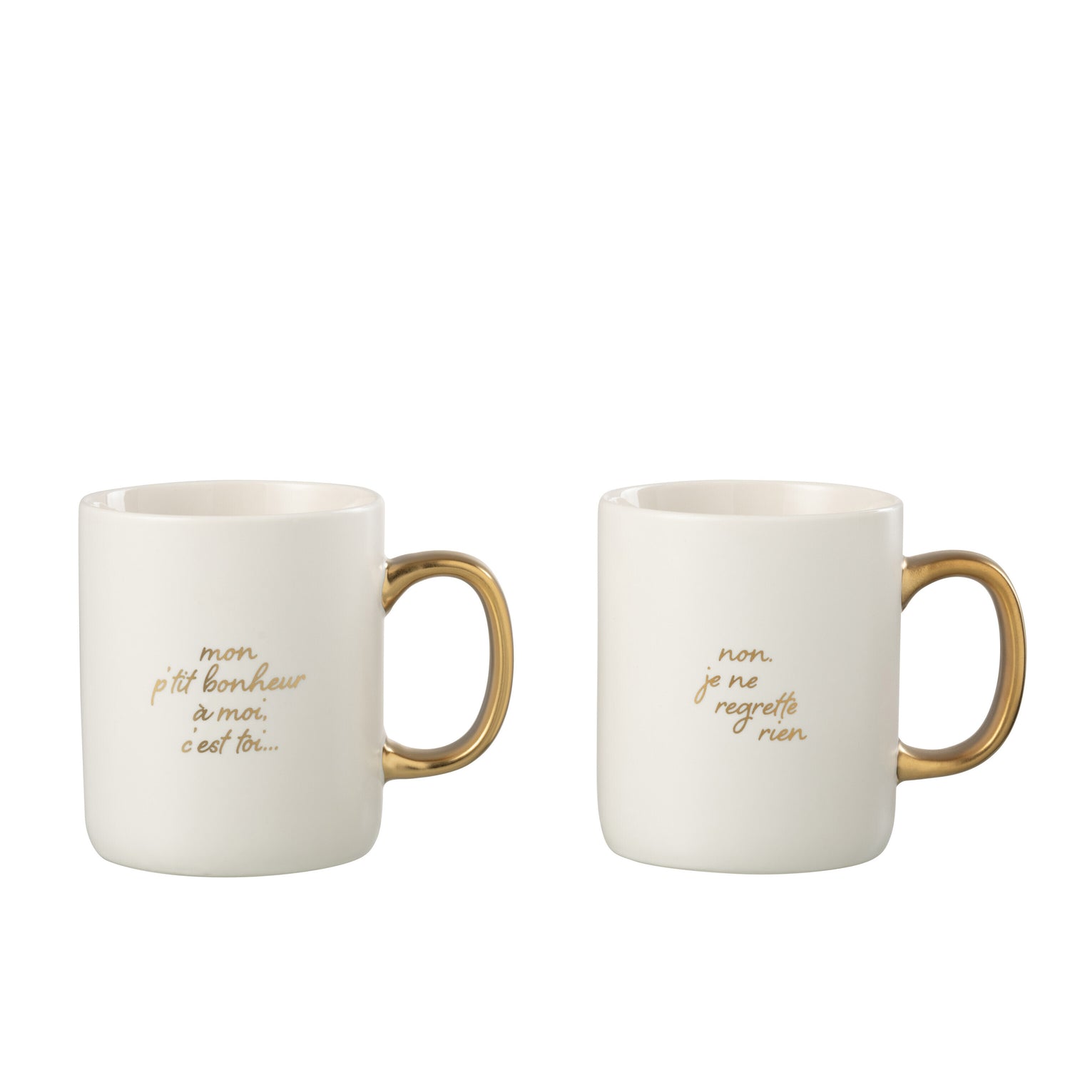 J-Line mok Bericht Bonheur - porselein - wit|goud - 2 stuks