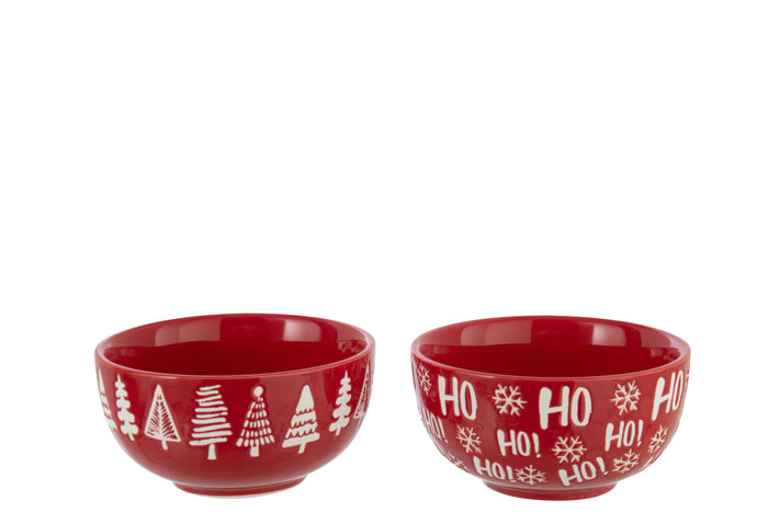J-Line schaal Dolomiet - keramiek - kerstrood|wit - 2 stuks