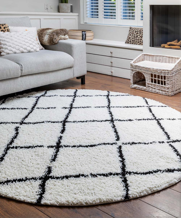 Boho&me Rond hoogpolig vloerkleed ruiten Habitat - wit|zwart - 300 cm