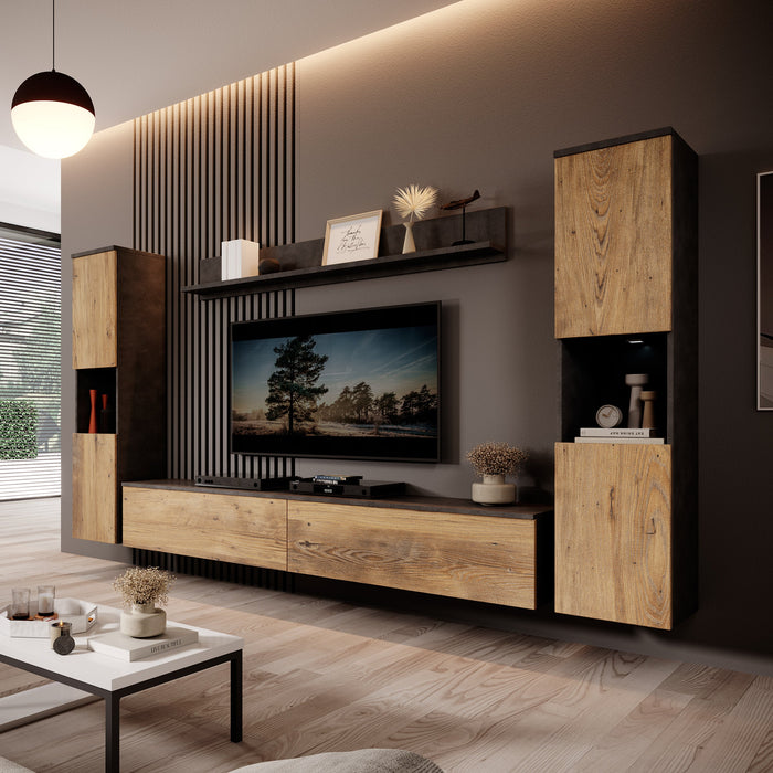 Meubella - Pure XL - Wandmeubel - Eiken|Grijs - 180x33x130 cm