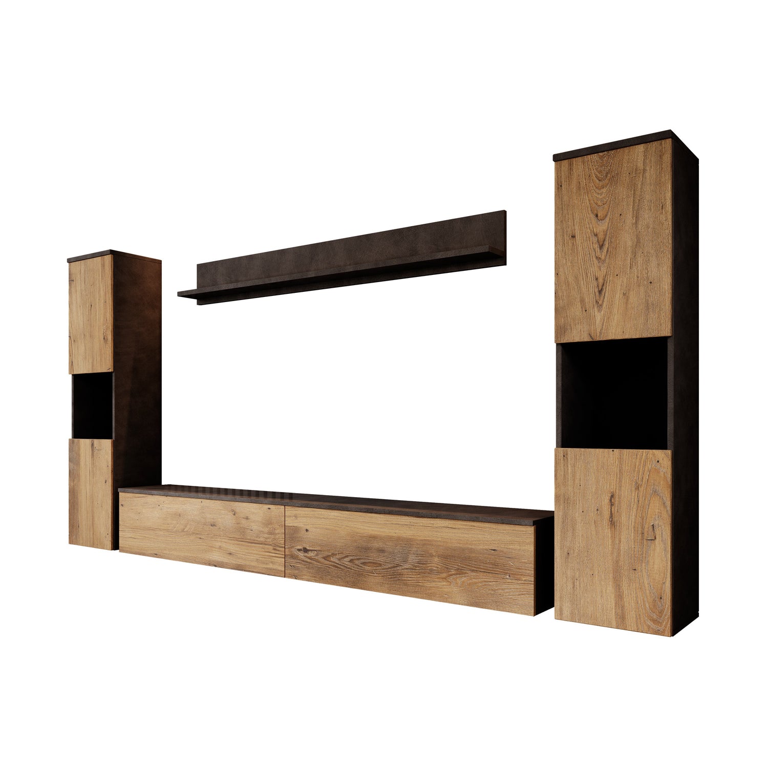 Meubella - Pure XL - Wandmeubel - Eiken|Grijs - 180x33x130 cm