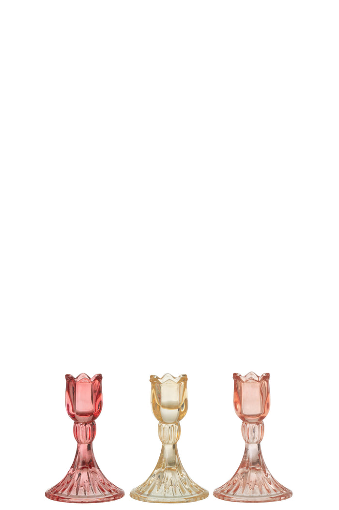 J-Line kandelaar Tulp Warm  - glas - mix - 3 stuks