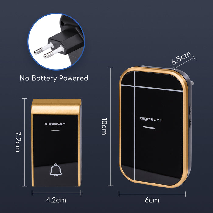 Aigostar Draadloze Deurbel  - Plug&Play 3 Regelbaar volume -Zwart|Goud