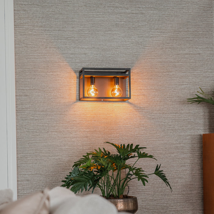 QAZQA Industriële wandlamp zwart met rek 2-lichts - Cage Rack