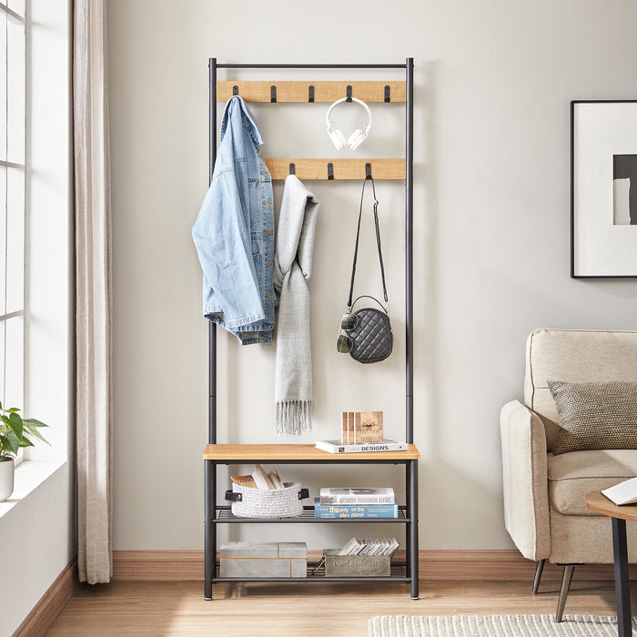 O'DADDY® kapstok staand - schoenenrek - 9 haken - 70x32x175 mangohout