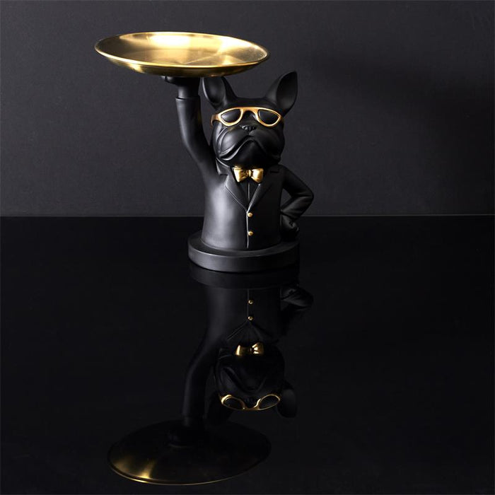 Beeld Bulldog Butler met Goudkleurige dienblad - Zwart - H23 cm
