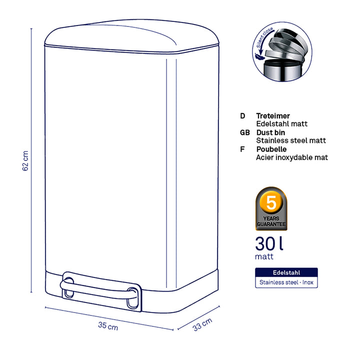 Kela Davino Pedaalemmer Silent Close 30 L - Zilver