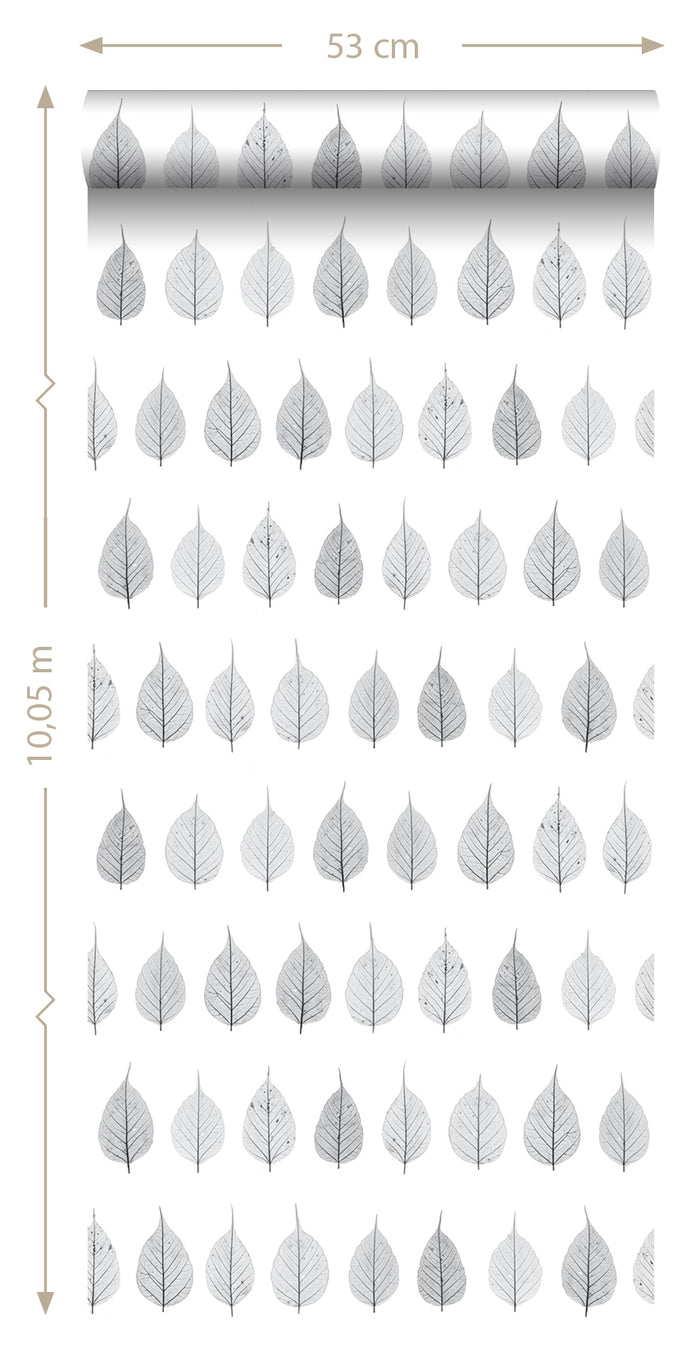 ESTAhome behang skeletbladeren zwart, licht warm grijs en mat wit - 12