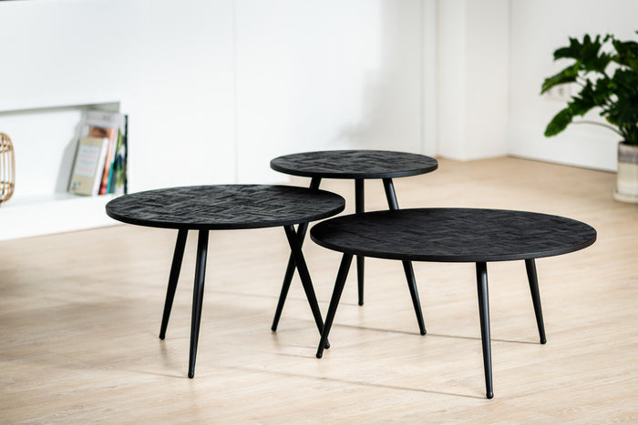Duverger® Checked - Salontafels - set van 3 - rond - zwart - teak - ge