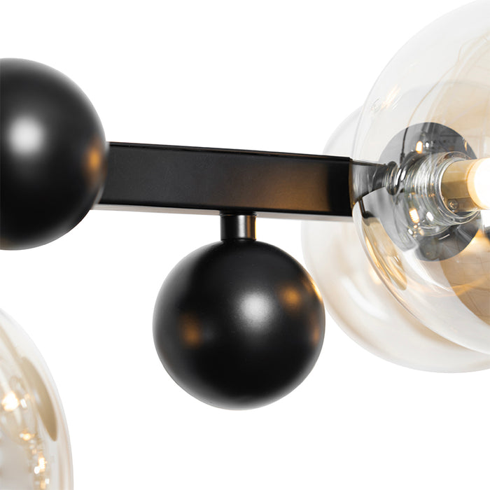 QAZQA Art deco hanglamp zwart met amber glas 8-lichts - David