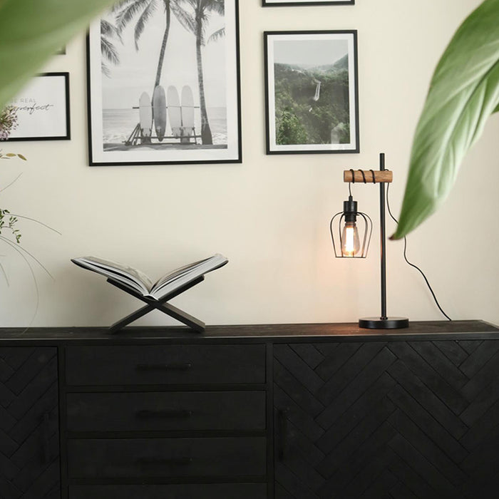 QAZQA Landelijke tafellamp zwart met hout - Stronk