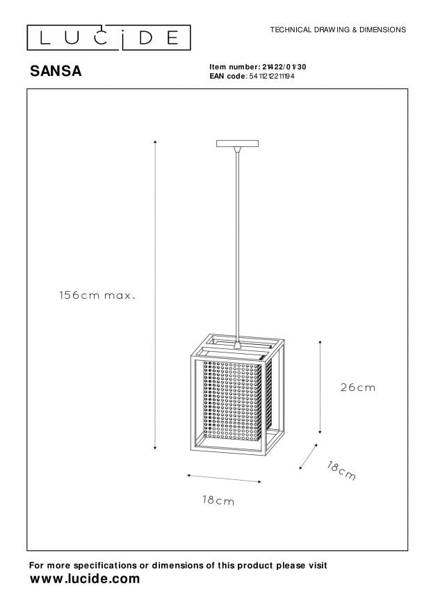 Lucide SANSA Hanglamp 1xE27 - Zwart