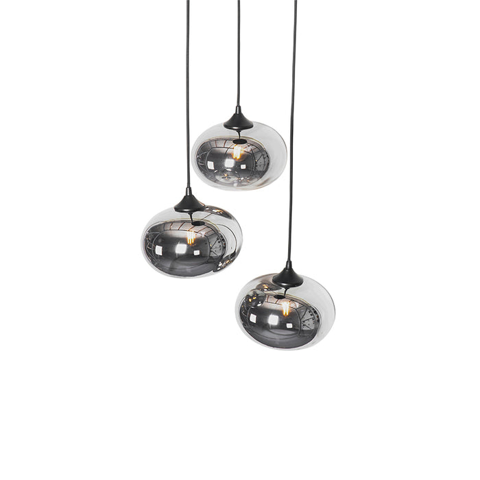 QAZQA Art Deco hanglamp zwart met smoke glas rond 3-lichts- Busa