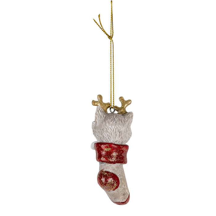 Clayre & Eef Kersthanger Kat 4x3x9 cm Wit Rood Kunststof Kerstbal
