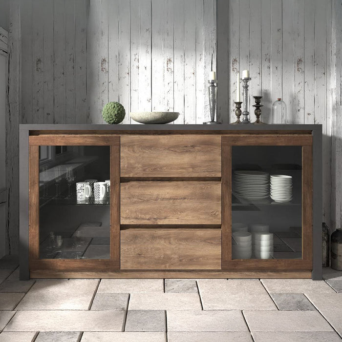 Meubella - Dressoir Monaco - Eiken - Grijs - 140 cm - Met glas