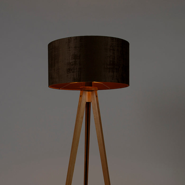 QAZQA Vloerlamp hout met stoffen kap bruin 50 cm - Tripod Classic