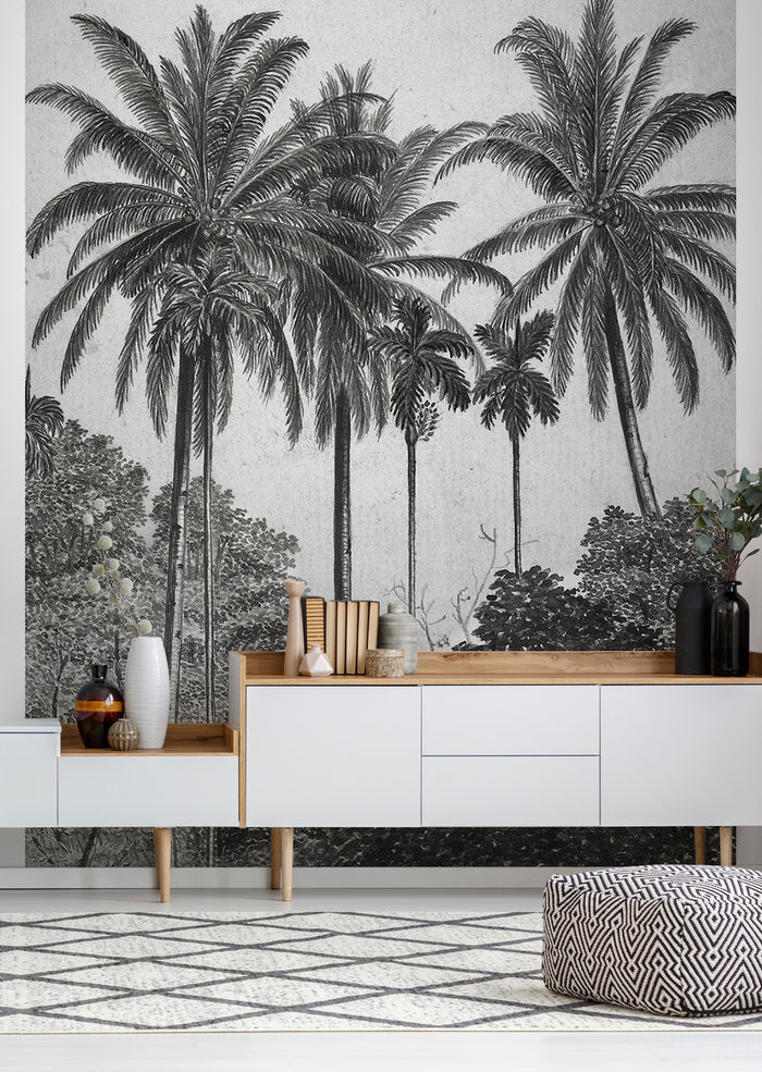 Art for the Home - Fotobehang - Palm Deco - Grijs|Zwart - 300x200 cm