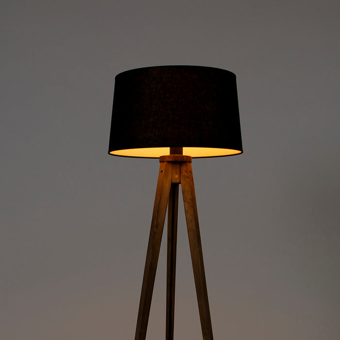 QAZQA Landelijke tripod vintage hout met linnen kap zwart 45 cm -