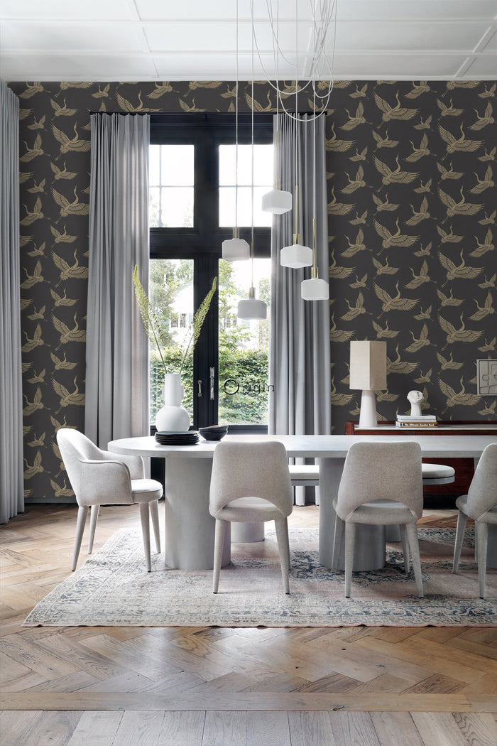 Origin Wallcoverings behang kraanvogels zwart en beige - 50 x 900 cm -