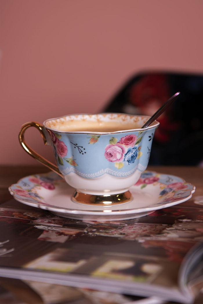 Clayre & Eef Kop en schotel  160 ml Blauw Wit Porselein Rond Bloemen