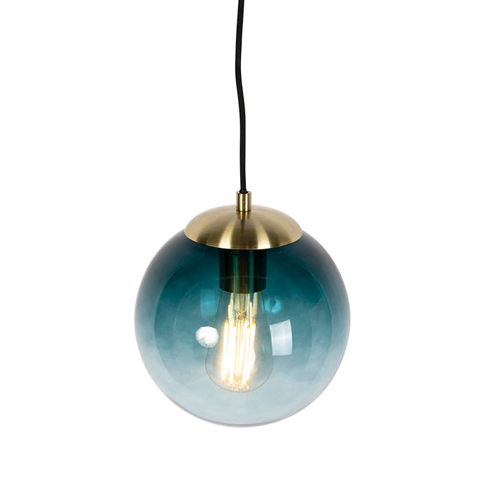QAZQA Art deco hanglamp messing met oceaanblauw glas 20 cm - Pallon