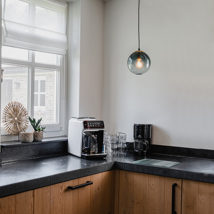 QAZQA Art deco hanglamp messing met oceaanblauw glas 20 cm - Pallon