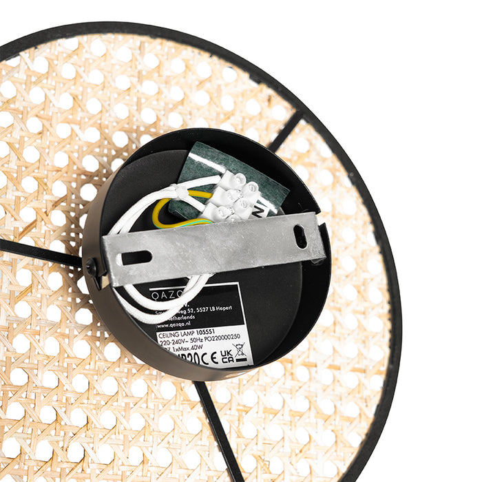 QAZQA Landelijke plafond en wandlamp zwart met rotan 25 cm - Kata