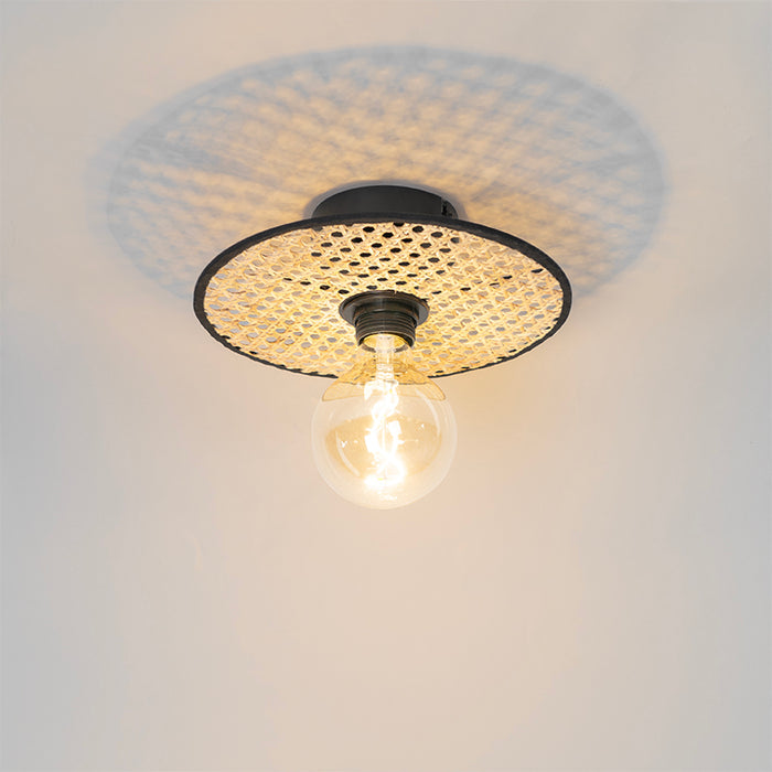QAZQA Landelijke plafond en wandlamp zwart met rotan 25 cm - Kata