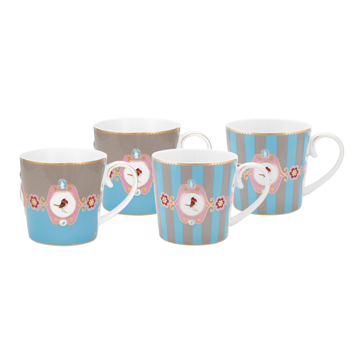 Pip Studio Love Birds Mokken 4 st. - 0,25 L - Blauw/Khaki