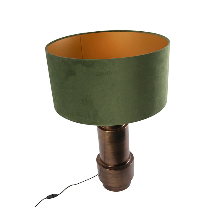 QAZQA Art deco tafellamp brons velours kap groen met goud 50 cm -