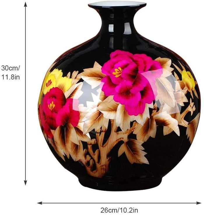 Fine Asianliving Chinese Vaas Porselein Handgemaakt Pioenrozen Zwart