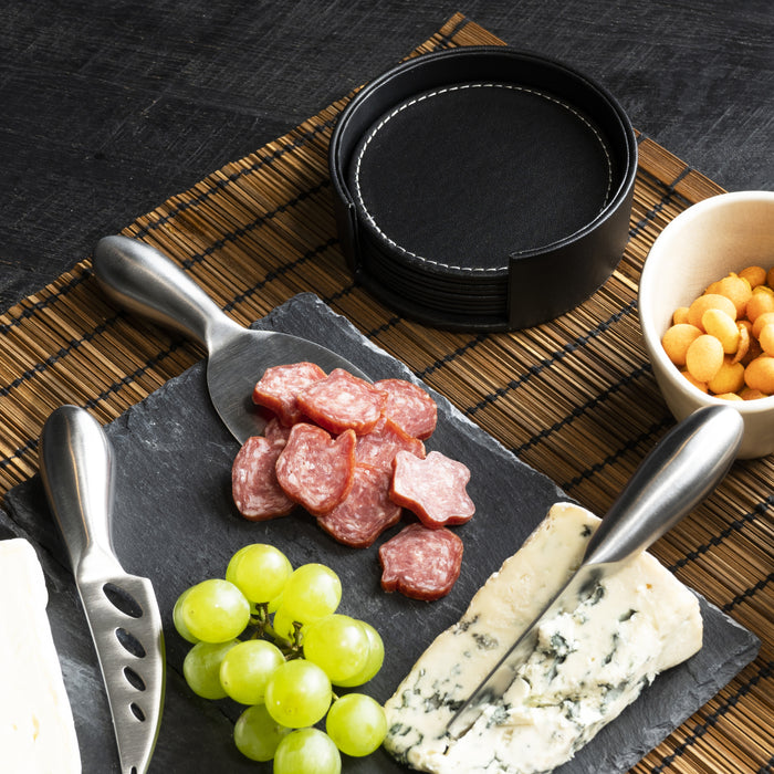 QUVIO 6 Leren onderzetters rond met houder - Zwart