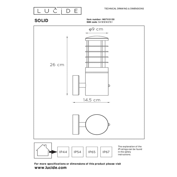 Lucide SOLID Wandlamp 1xE27 - Antraciet