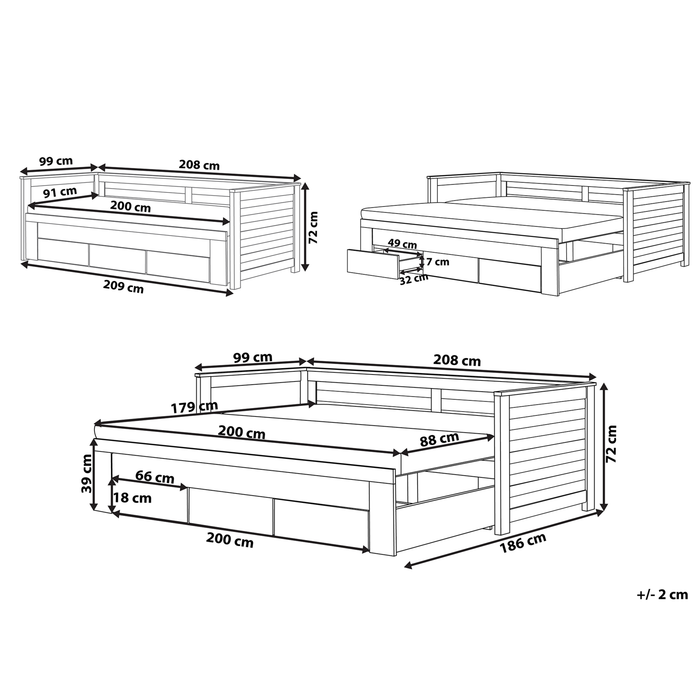 Beliani - CAHORS - Onderschuifbed - Grijs - 90 x 200 cm - Rubberhout