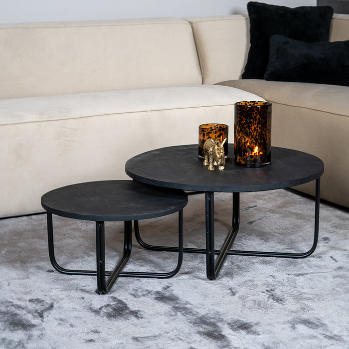 Bronx71 Industriële salontafel set Lara mangohout zwart rond (2 stuks)