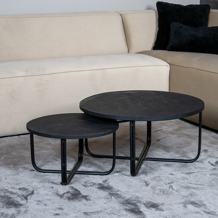 Bronx71 Industriële salontafel set Lara mangohout zwart rond (2 stuks)