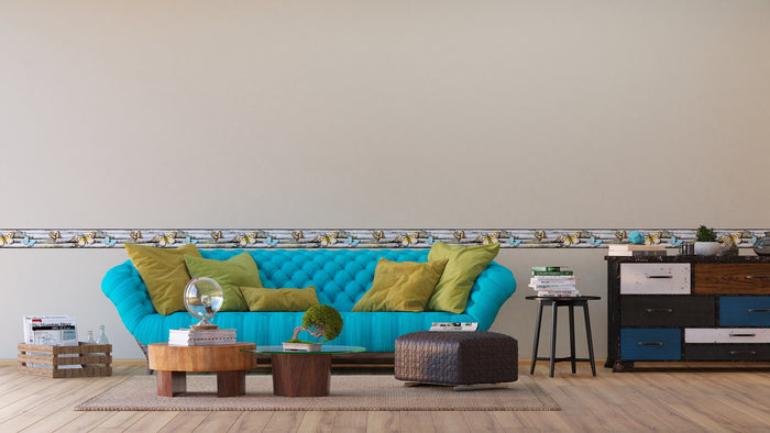 Sanders & Sanders zelfklevende behangrand vlinders grijs, geel en blau