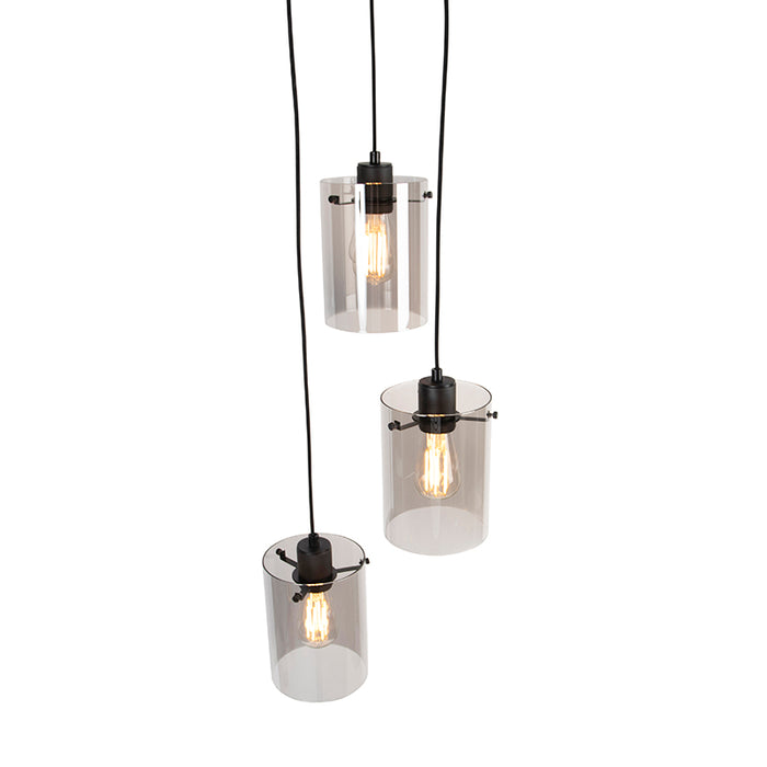 QAZQA Design hanglamp zwart met smoke glas 3-lichts - Dome