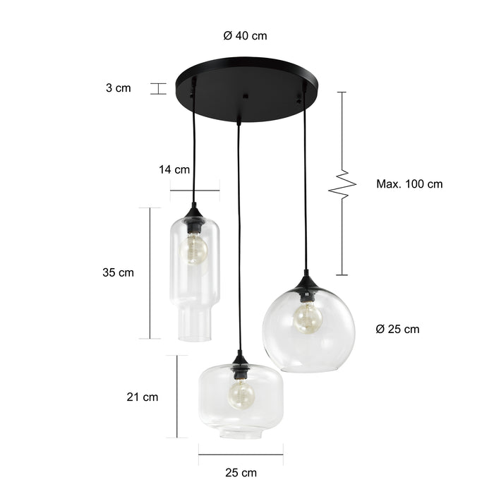 QUVIO Hanglamp glas 3-lichts rond zwart  - QUV5125L-BLACK