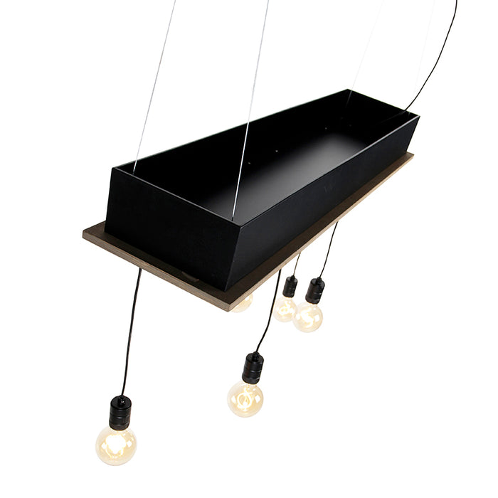 QAZQA Landelijke hanglamp zwart met hout 5-lichts - Flair
