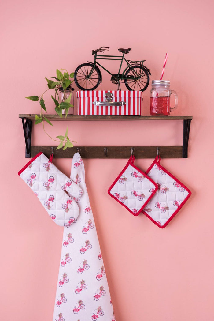 Clayre & Eef Theedoek  50x70 cm Rood Wit Katoen Fiets Keukenhanddoek