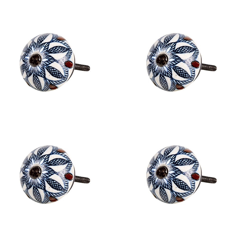 Clayre & Eef Deurknop Set van 4 Ø 4*3 cm Blauw Keramiek Rond Bloem