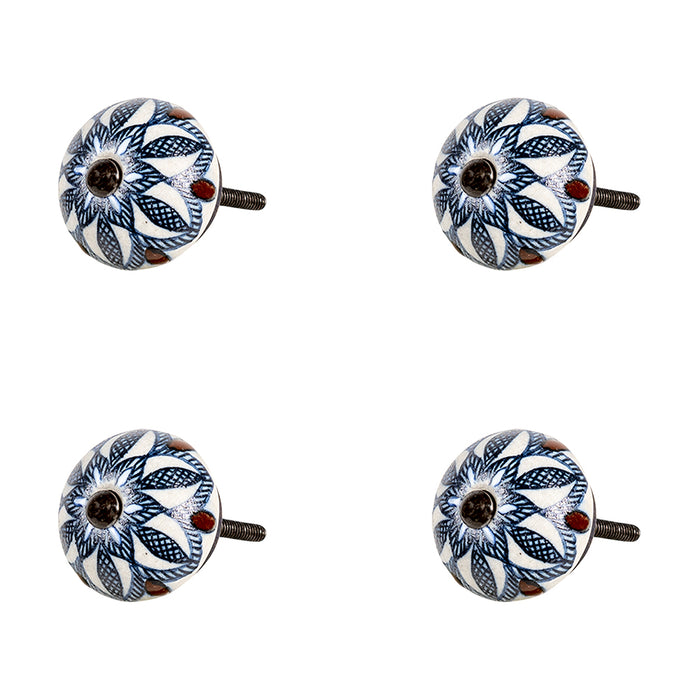 Clayre & Eef Deurknop Set van 4 Ø 4*3 cm Blauw Keramiek Rond Bloem