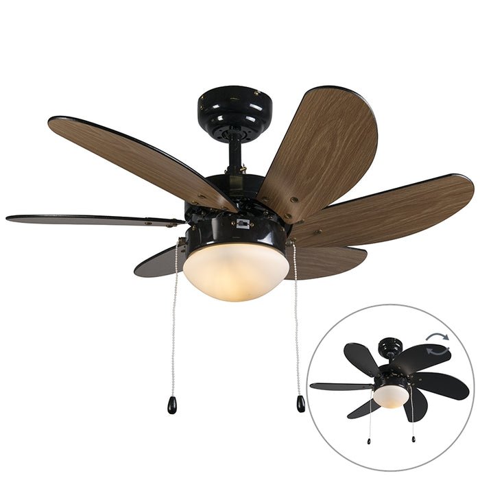 QAZQA Plafondventilator zwart met hout print 80cm met trekschakelaar