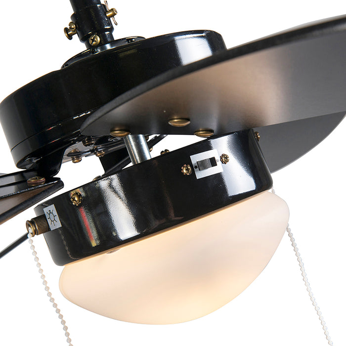 QAZQA Plafondventilator zwart met hout print 80cm met trekschakelaar