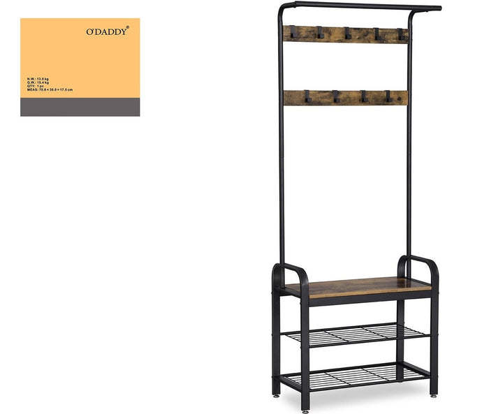 O'DADDY® kapstok staand - schoenenrek - 15 haken - 72x34x183cm - bruin