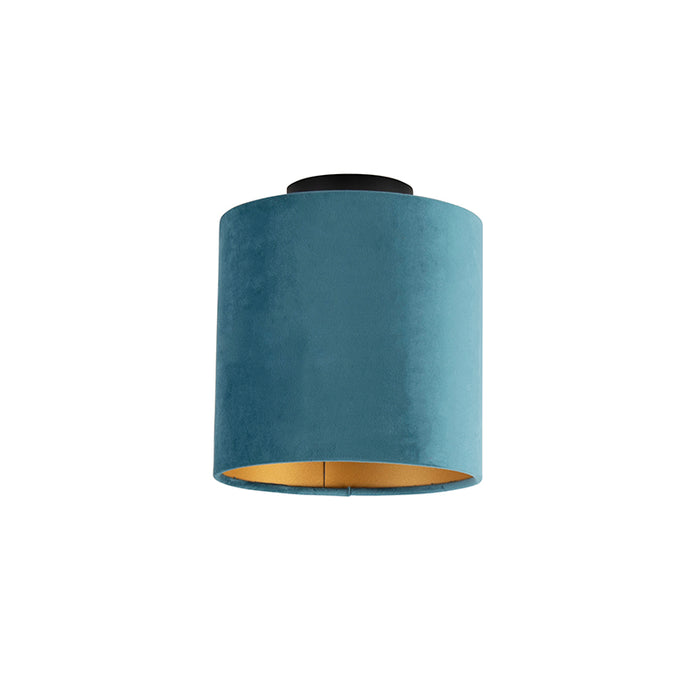 QAZQA Plafondlamp met velours kap blauw met goud 20 cm - Combi zwart