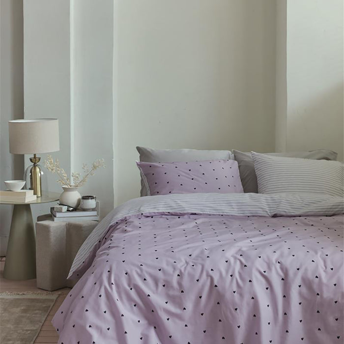 vtwonen Striped Hearts Dekbedovertrek 140 x 200/220 cm - Lila