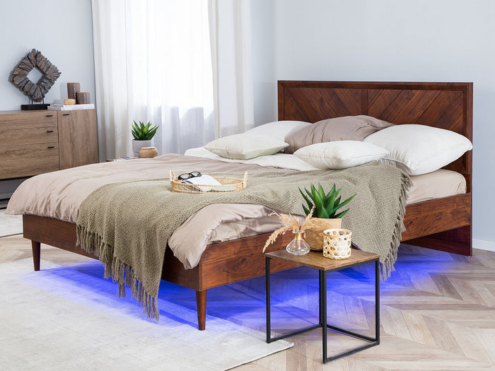 Beliani-MIALET -Bed LED-Donkere houtkleur-140 x 200 cm-Vezelplaat